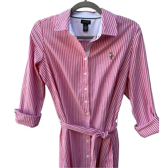 US Polo Assn. Women’s M Raspberry & White Long Sleeve Striped Oxford Shirt Dress - Picture 5 of 12